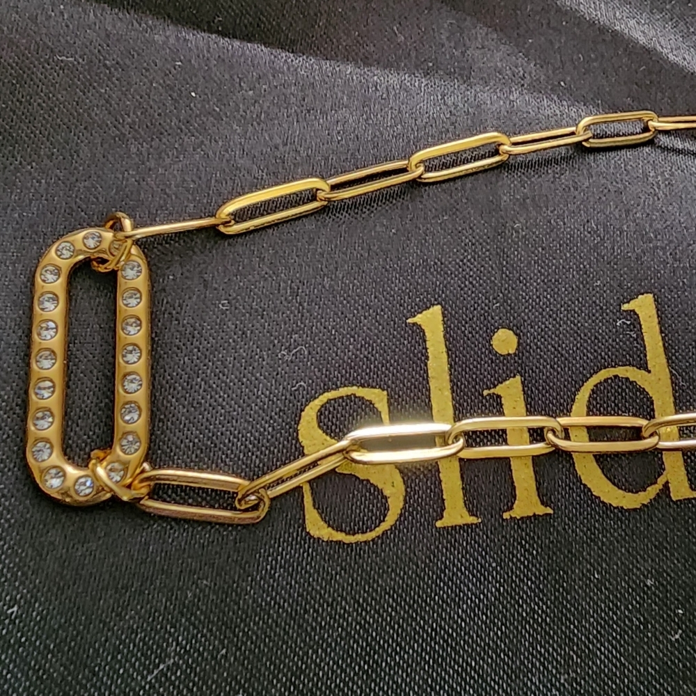 Slide Jewelry Stainless Steel. Gold Paperclip Necklace W Crystal Accent NIB